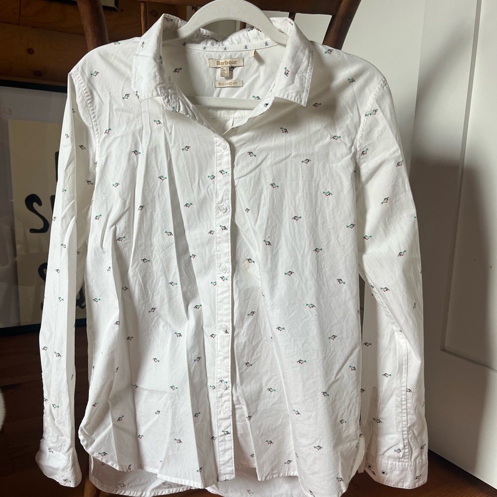 Women’s Barbour White Button-Up Shirt with Fish Print